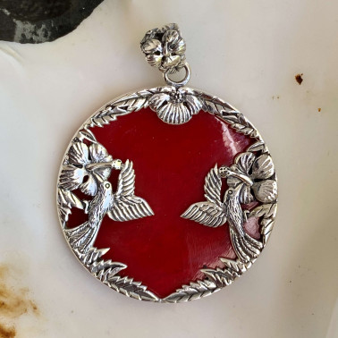 PD 15304 CR-(HANDMADE 925 BALI STERLING SILVER BIRDS PENDANTS WITH RED CORAL)